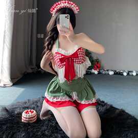 欲风辣妹少女蝴蝶结蕾丝撞色复古拼接露背抹胸高腰上衣蓬蓬套装