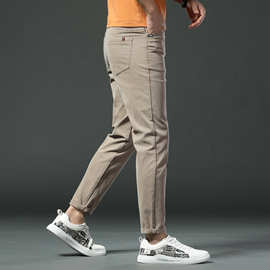 高端纯棉九分裤男夏薄款韩版修身9分裤夏裤卡其色休闲裤吸汗透气