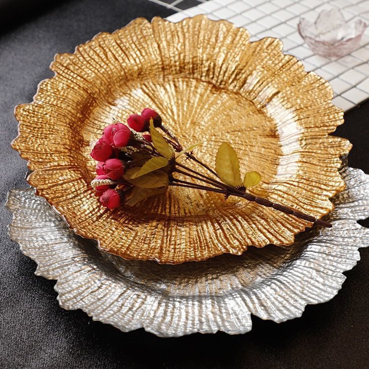 Customized Accessible Luxury European Style Western Food Plate Golden Glass Plate Creative Steak Banquet Plate Meal Set Dessert Plate