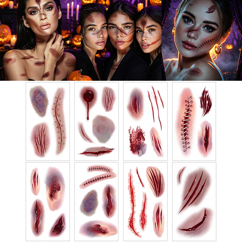 Cross-border Halloween Horror Scar Tattoo Stickers Waterproof Bloody Wound Scar Makeup Party Temporary Face Stickers
