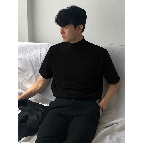 Light mature style semi-high collar solid color t-shirt for men, high-end, loose, short-sleeved, high-cold abstinence, small collar, mid-sleeve T-shirt