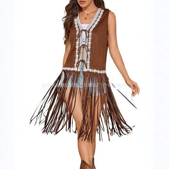 Women's Fringed Vest 60s 70s Hippie Halloween Sleeveless Faux Suede Front Tie with Lace Trim Women's Fringed Vest 60s 70s Hippie Halloween Sleeveless Faux Suede Front Tie with Lace Trim