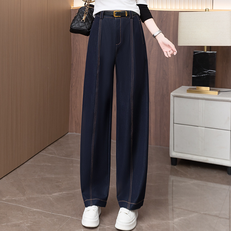 丹宁蓝牛仔裤女2025年秋季新款明线撞色拼接宽腿时尚百搭直筒长裤|undefined