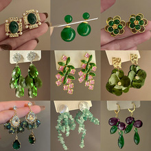 银针森系小清新绿色花朵水滴珍珠耳环小众时尚耳钉百搭高级感耳饰