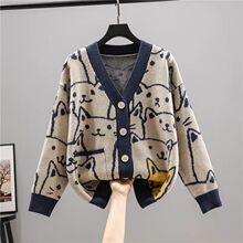 品牌折扣女装剪标专柜撤柜外贸春秋卡通猫咪毛衣V领针织开衫外套