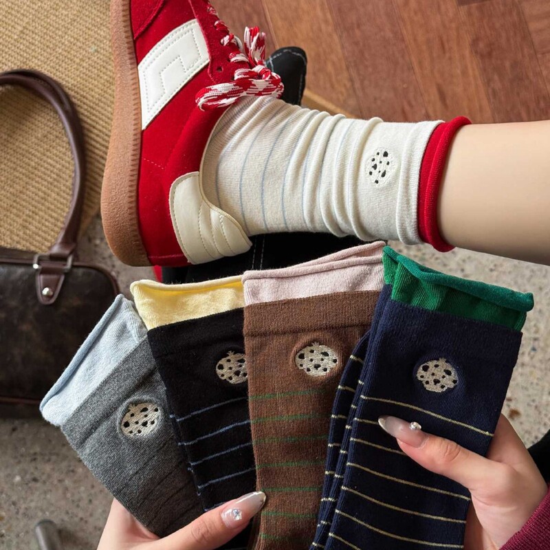 Spring and Autumn Women's Mid-Calf Socks with Contrasting Colors, Double Ruffles, Slouch Socks, Korean Style Cartoon Embroidery, Striped Long Socks, Pure Cotton Women's Socks, Trendy