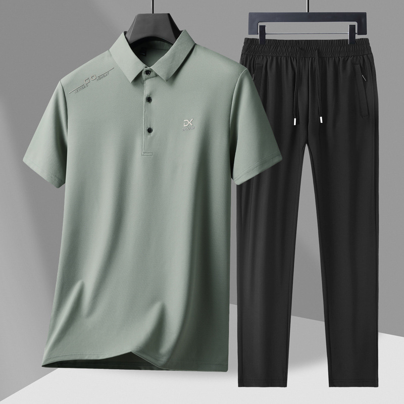 Summer New Style Dad Suit Short-Sleeved T-Shirt for Men + Ice Silk Pants for Middle-Aged and Elderly Men, Two-Piece Set for Father's Day Gift