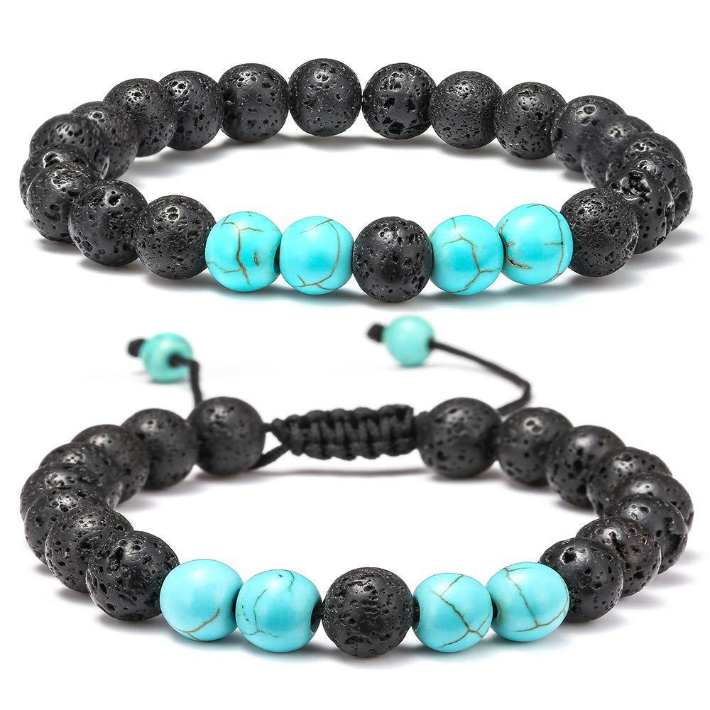 Set di braccialetti in pietra vulcanica regolabile con tessitura lavica turchese da 2 pezzi_voghion.com