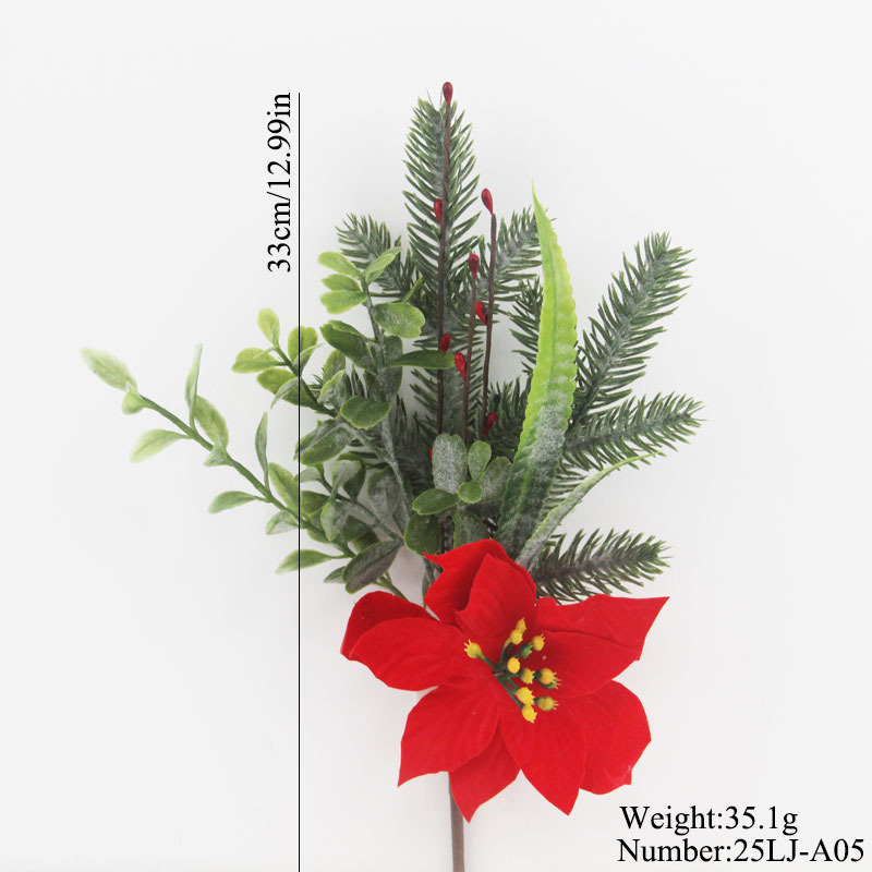 跨境圣诞节装饰一品红花束仿真绿植松柏叶松针浆果小花束源头工厂