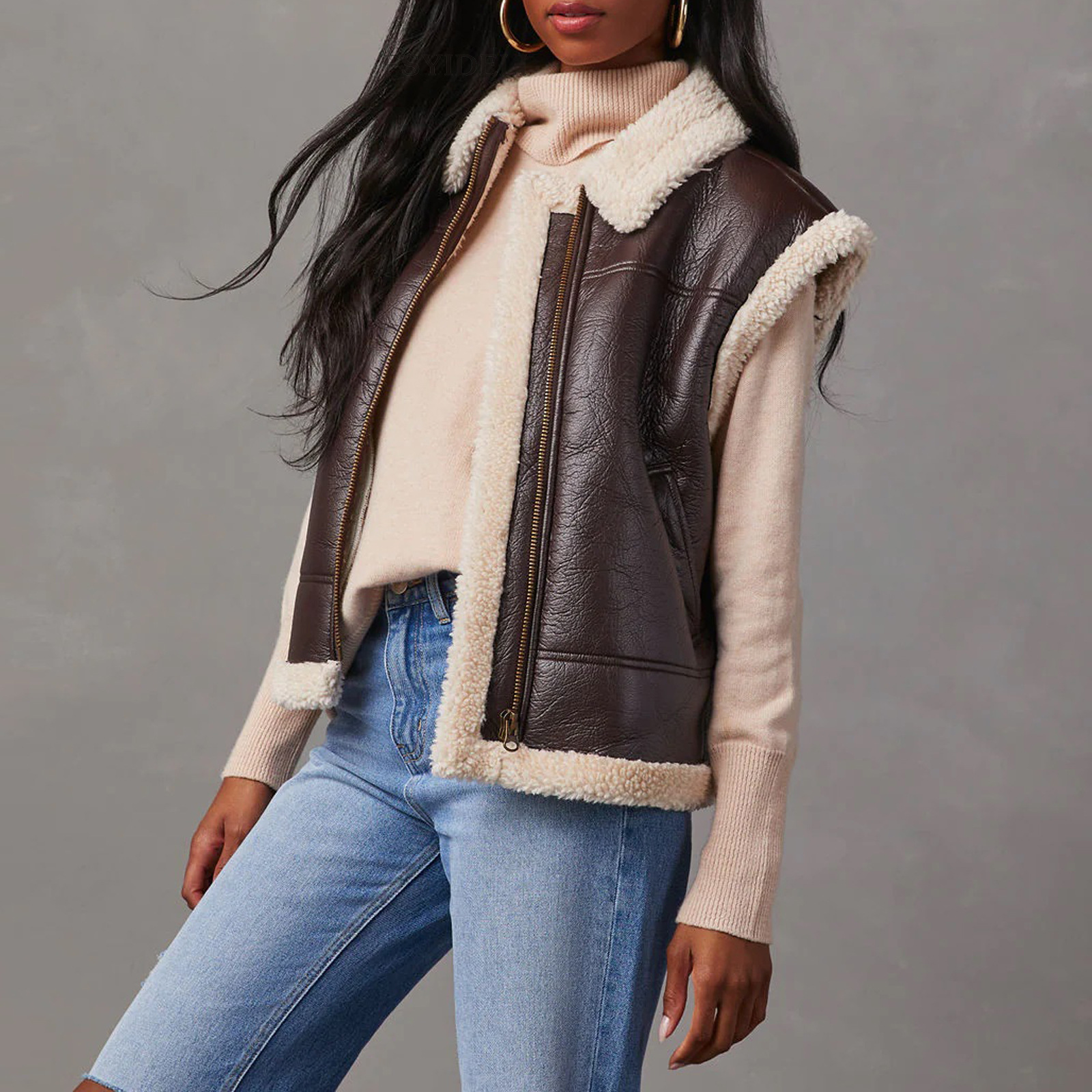 Manteau gilet rétro en laine d'agneau pour femme, manteau cousu, automne et hiver_voghion.com