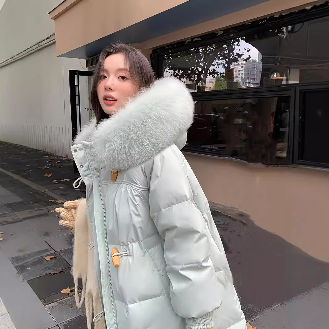 Pinghu down Jacket Women's Mid-Length 2025 Winter New Korean Style Loose Over-The-Knee Large Fur Collar Thickened Jacket Wholesale