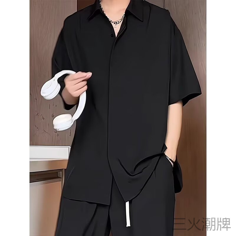 Ice Silk Shirt Men's Short-Sleeved Summer Trendy Men's Casual Jacket High-End Handsome Five-Quarter Sleeve Black Shirt