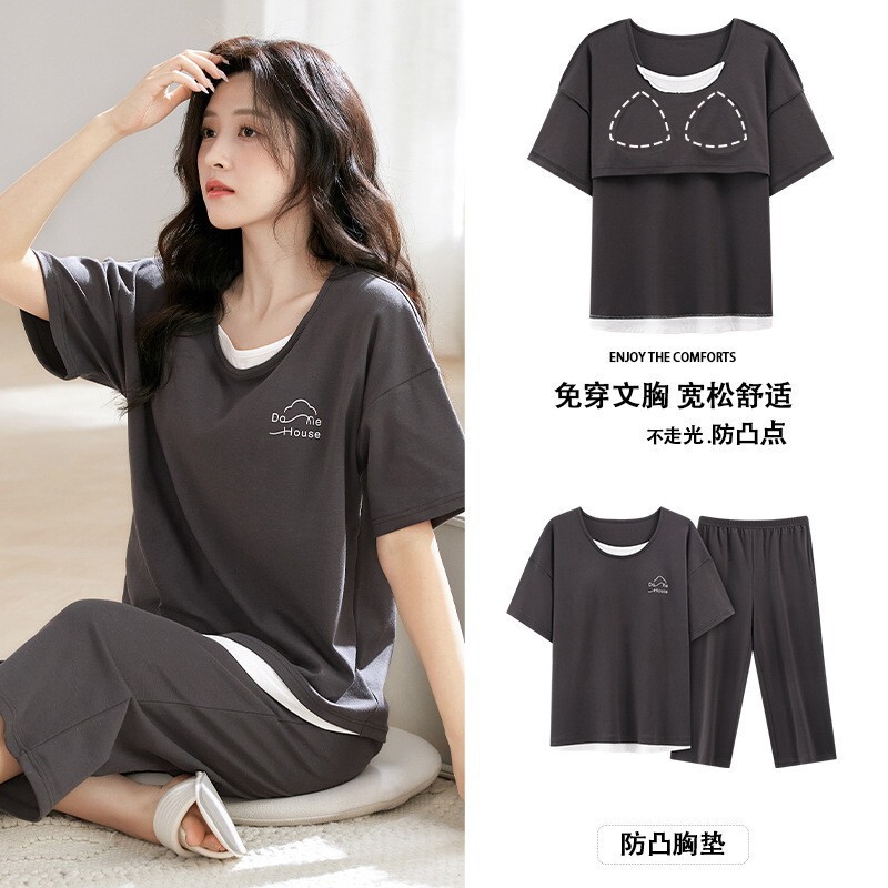 Summer 100% Pure Cotton Pajamas Women with Chest Pad Korean Style Loose Home Wear Short Sleeve Capri Pants Casual Outer Wear suit