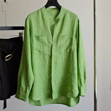 软亚麻清新青草绿轻松惬意长袖衬衫上衣女