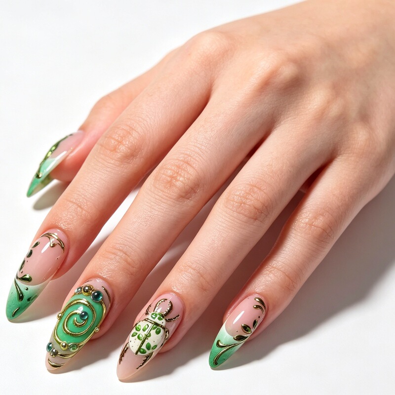 Wearable nail patches with vintage art design, nude pink and green-gold contrasting colors, 3D beetle, insect, vine, and leaf nail patches Wearable nail patches with vintage art design, nude pink and green-gold contrasting colors, 3D beetle, insect, vine, and leaf nail patches