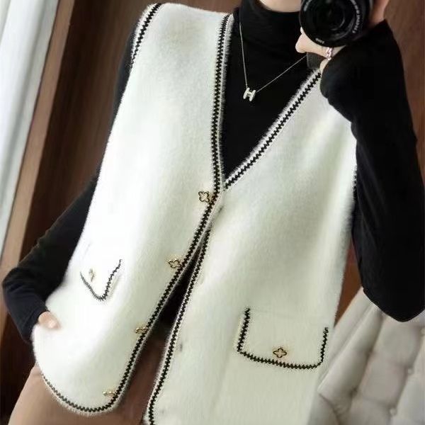 Francés estilo de Chanel imitación de visón de terciopelo desgaste exterior Chaleco de punto para las mujeres otoño e invierno nuevo todo-juego suelta chaleco exterior chaleco