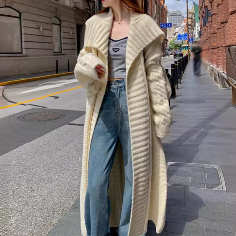2025 Cross-Border Heavy-Duty Thick Hemp Flower Large Lapel Knitted Cardigan Lazy Elegant Casual Long Coat