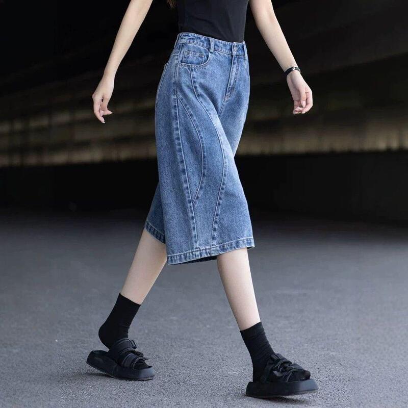 Vintage American-style denim six-point straight-leg summer 2026 high-waisted new slim-fit mid-length pants, loose and versatile wide-leg