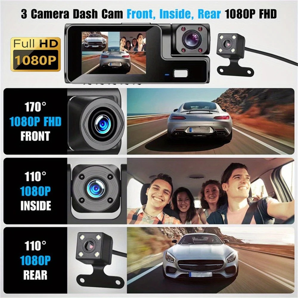 High-Definition 1080P Three-Camera Dashcam with Front and Rear Dual Recording, Reversing Image, Night Vision, Loop Recording, Cross-Border Bestseller
