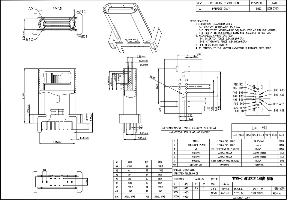 USB-разъем Type-C гнездо Type-CF 16P вертикальное, водозащищенное, H = 10.3