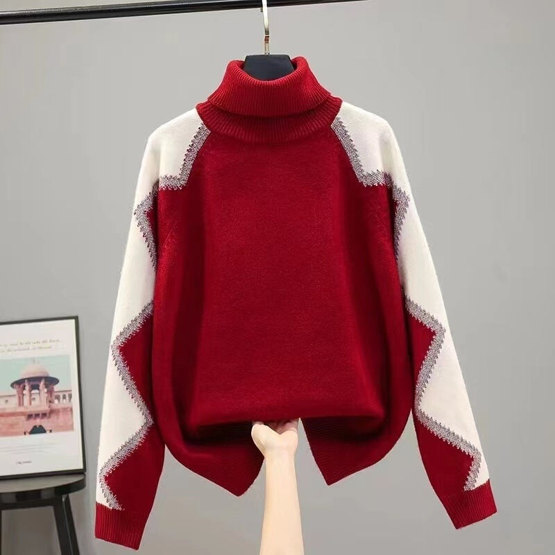 Fashion Western Style Top Autumn and Winter High Collar Knitted Sweater 2024 Loose New Thickened Sweater Lazy Base Color Contrast