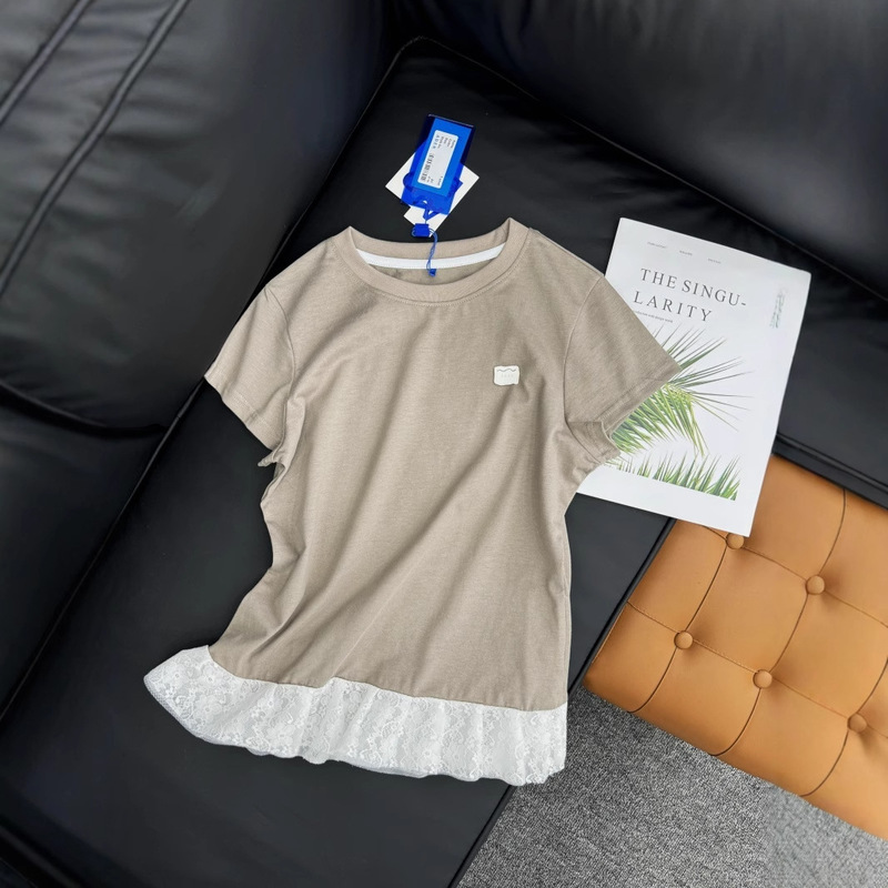 2025 夏カジュアル痩身腹カバーレーススプライシング半袖レディース Tシャツニッチ ADERH 新しいトップ|undefined