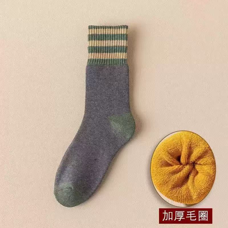 男女同款条纹毛圈中筒袜保暖加绒加厚毛圈雪地袜冬季弹力舒适柔软|undefined