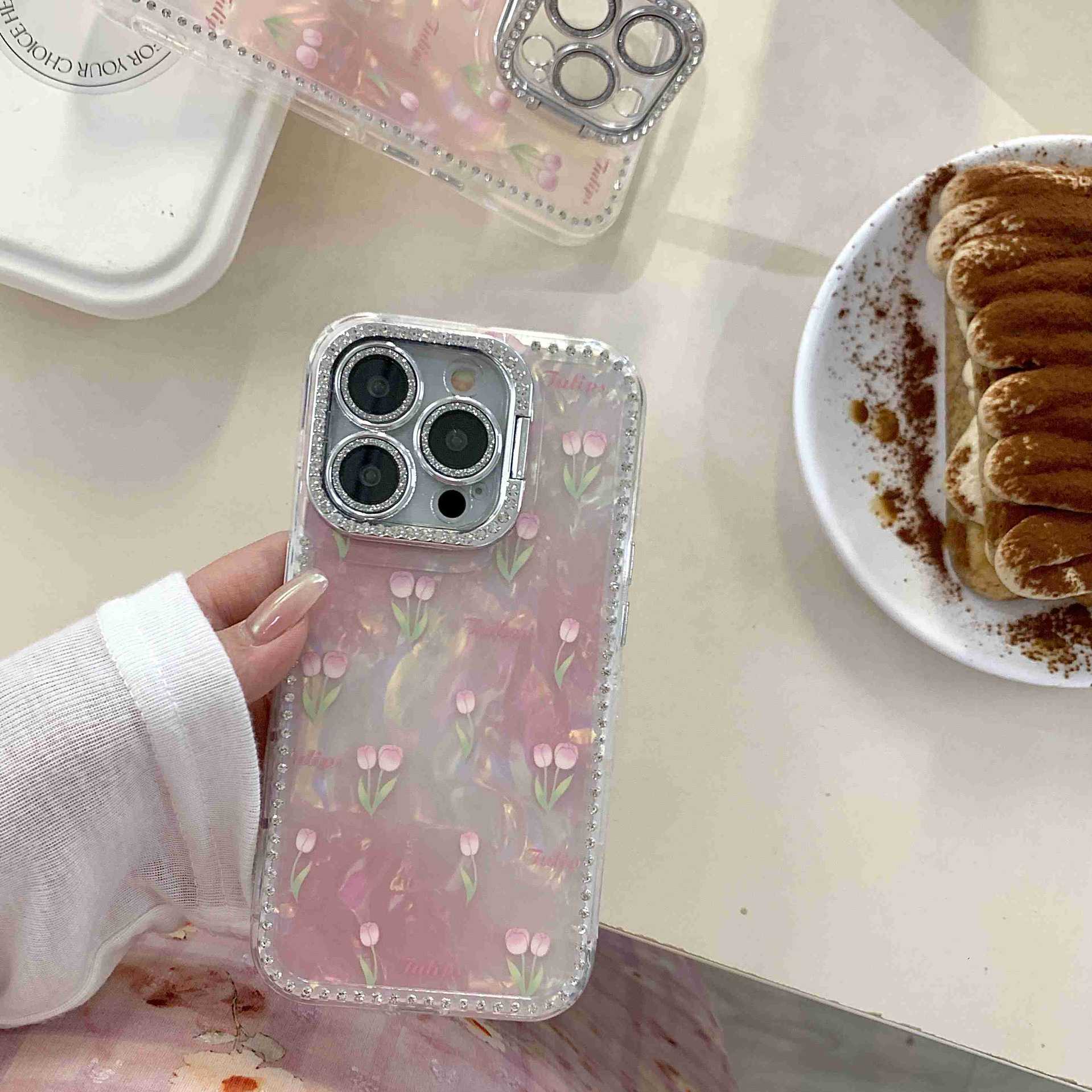 Spring ins Tulip Shell Patrón Adecuado para iphone16ProMax Diamante lateral 14/13 Apple 15 Funda para teléfono móvil Mujer