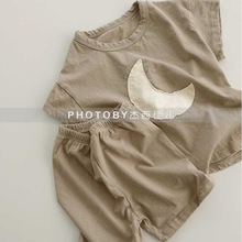 ins韩版夏季新款套装 男女童洋气月亮柔软舒适休闲短袖短裤两件套