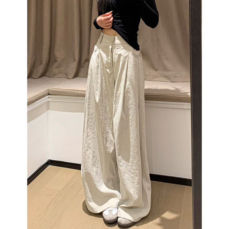 Khaki Gray Milk-Colored Suit Pants for Women, Spring 2026 New Style, Petite High-Waisted Slim-Fit Loose Drape Wide-Leg Pants