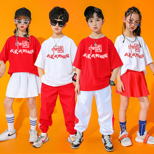 夏季儿童啦啦队演出服男女幼儿小学生国潮中国红运动会合唱表演服