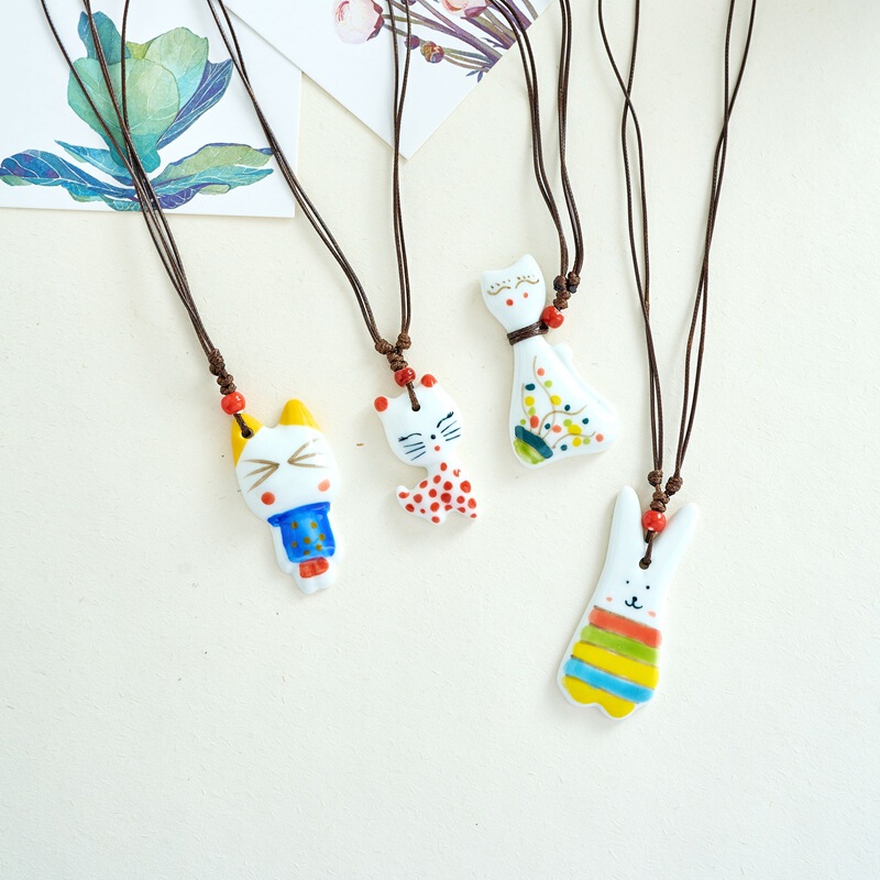 Jingdezhen ceramic jewelry cute cartoon necklace sweater chain long student female gift animal pendant supply