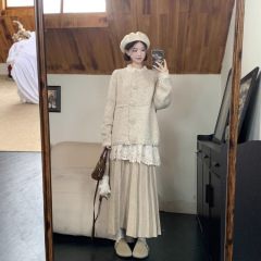 温柔风套装秋冬新款花朵针织毛衣外套叠穿打底衫半身裙女冬三件套