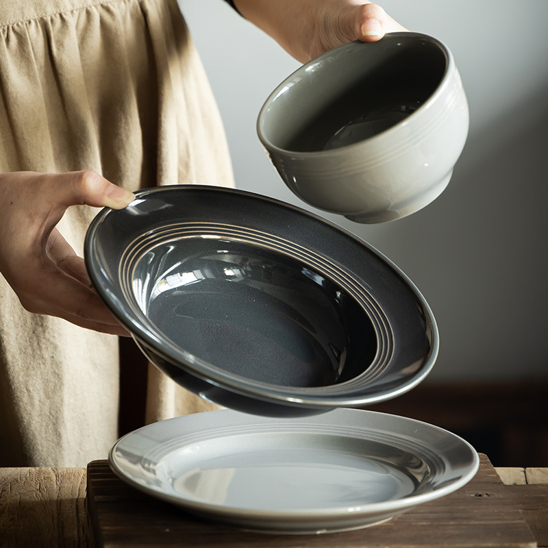 Juego de vajilla de cerámica de estilo nórdico, platos para el hogar, platos para carne, platos de alta gama, platos redondos para arroz, tazones con forma de sombrero de paja, venta al por mayor