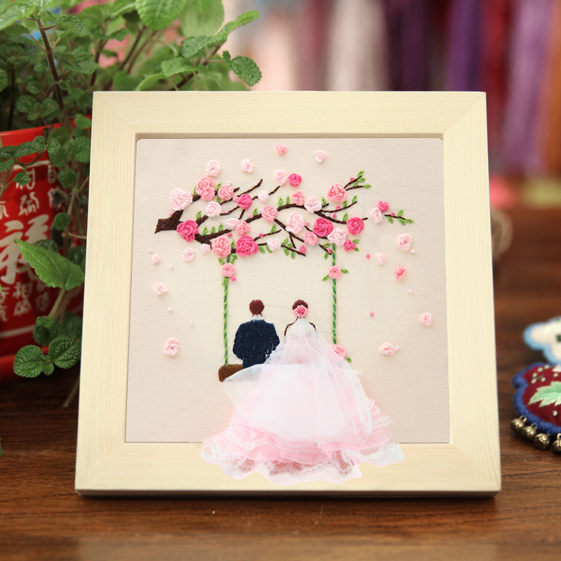 Lu bordado novio novia hermanas Flor de hilo de color sala de estar dormitorio colgando pintura bordado paquete de material de bricolaje vestido de novia de la boda colgando pintura