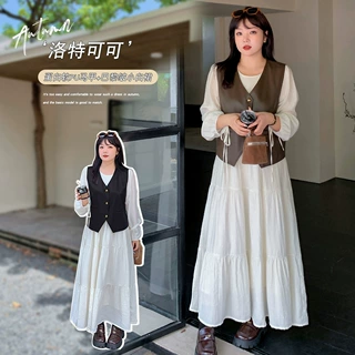 A0088秋新品连衣裙设计感大码PU马甲 肉肉女生茶歇蛋糕长裙小白裙