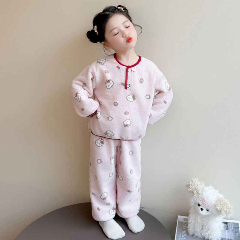 女童睡衣套装2025新款秋冬儿童法兰绒可爱小兔子保暖家居服珊瑚绒|undefined