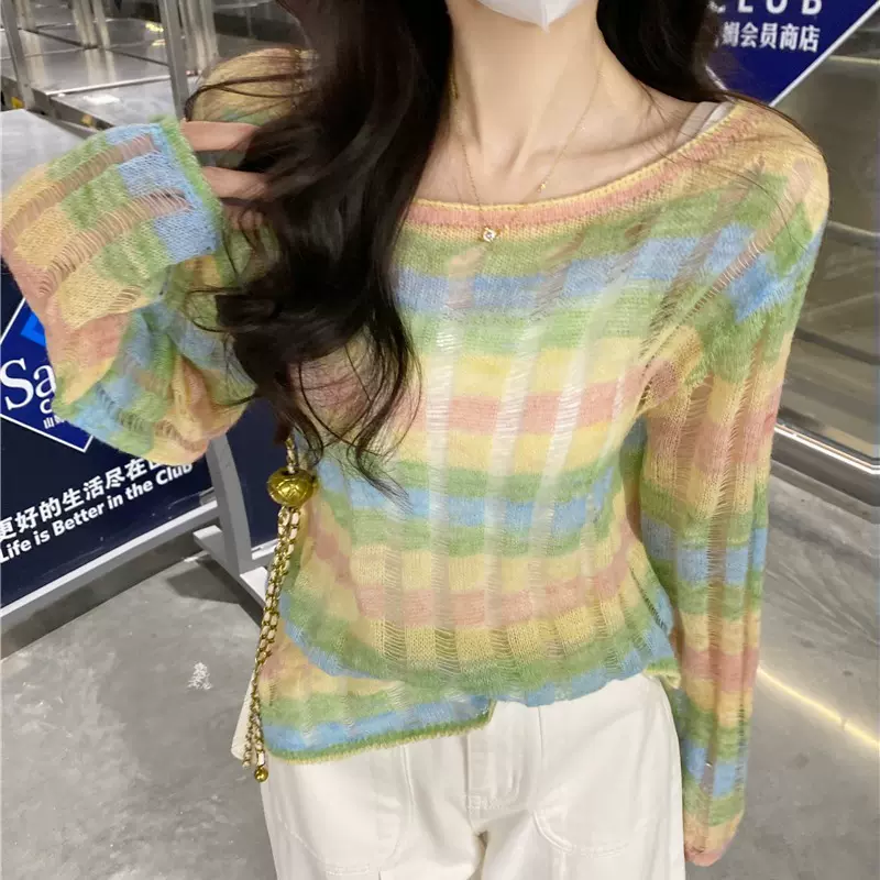 YUNSHU彩虹条纹马撞色海毛针织衫女春夏薄款防晒罩衫镂空冰丝上衣