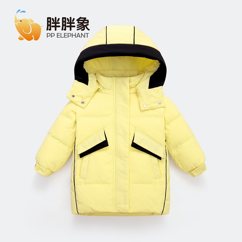 Chubby elefante invierno niños y niñas ropa infantil chaqueta infantil mediana y grande para niños color a juego con capucha cálido pato blanco abajo abrigo largo