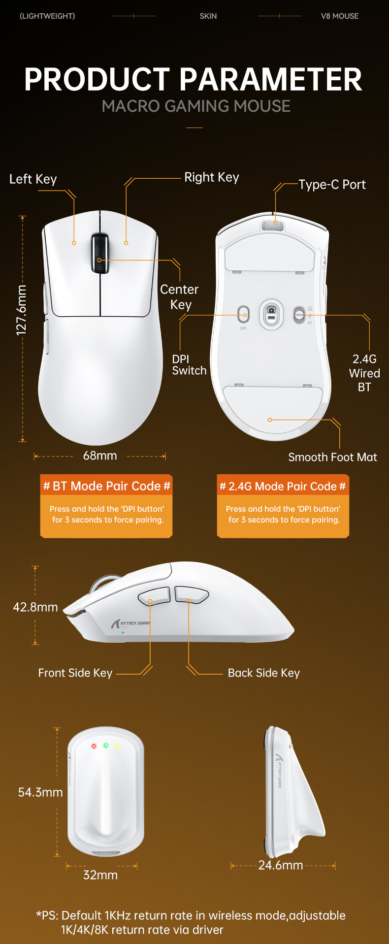 ATTACK SHARK Mouse wireless Attack Shark V8, leggero PAW3950, giochi, The Third Mock Examination, 8K_voghion.com
