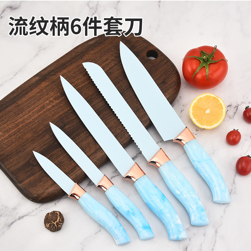 Nuevo cuchillo de cocina estriado mango tricolor 6 piezas cuchillo de cocina cuchillo de frutas con cuchillo de dibujos animados