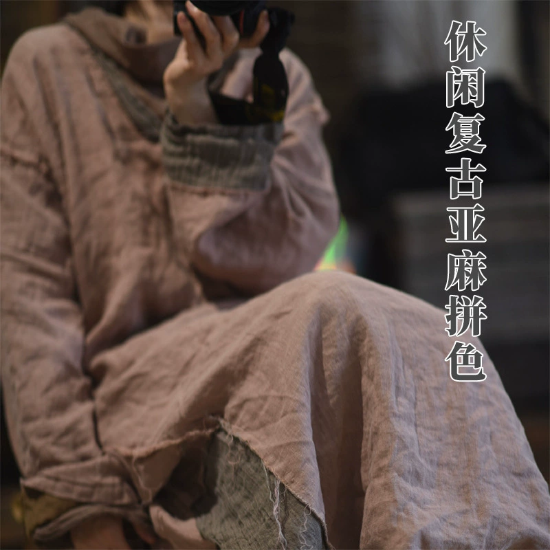 2409 SN96 Повседневный льняной пуловер в стиле ретро с цветными блоками и v-образным вырезом, платье-халат в стиле дзен, свободное и удобное для сочетания