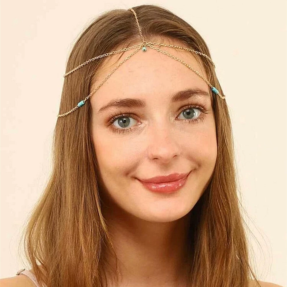 Европейские и американские трансграничные украшения в богемном этническом стиле танец живота головной убор бусины для волос женская простая Бирюзовая цепочка на голову цепочка для волос