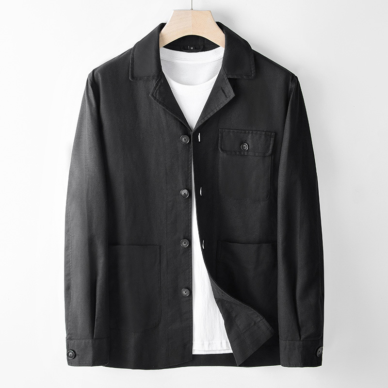 Ropa DE TRABAJO otoño Lino casual chaqueta los hombres solapa superior sarga algodón abrigo suelto cuello cubano Flip bolsillo