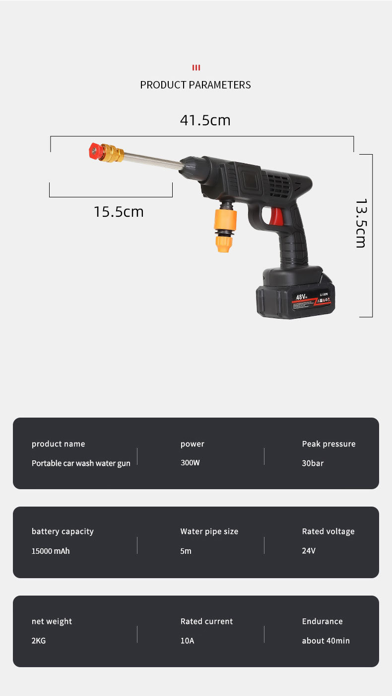 Wholesale wireless high-pressure car wash lithium battery water gun, household car washer, powerful tool for watering flowers and spraying pesticides 10m tube