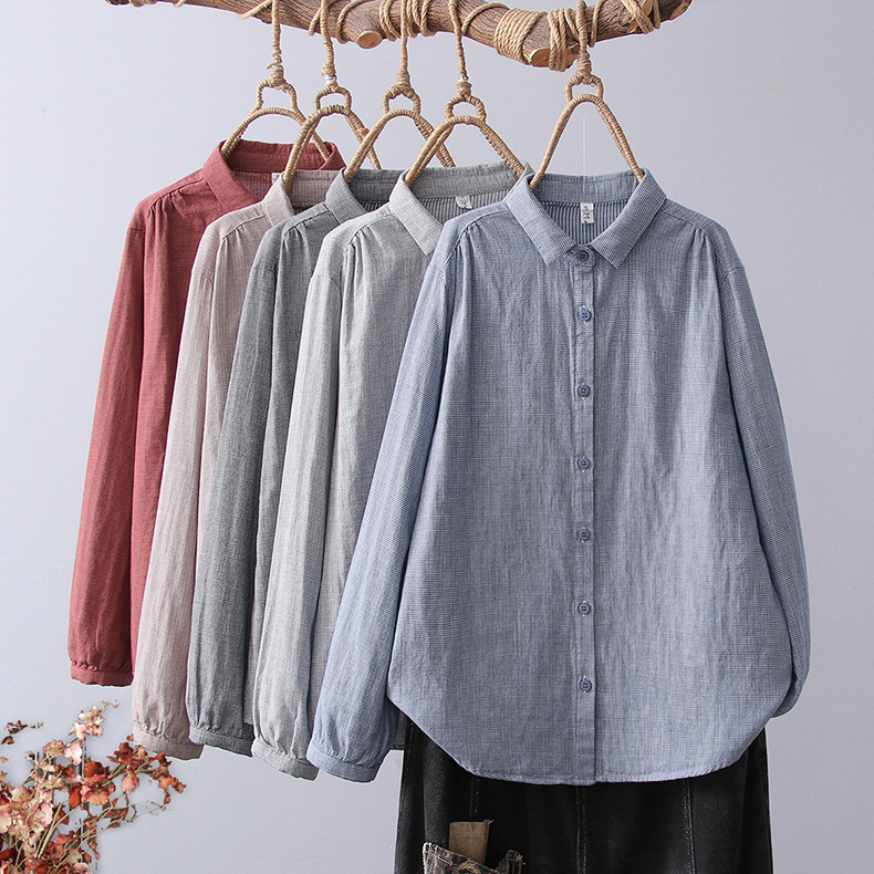 Pure Cotton Artistic Vintage Houndstooth Shirt Women's Double-layer Cotton Gauze Long-sleeved Shirt Spring and Autumn New All-match Shirt