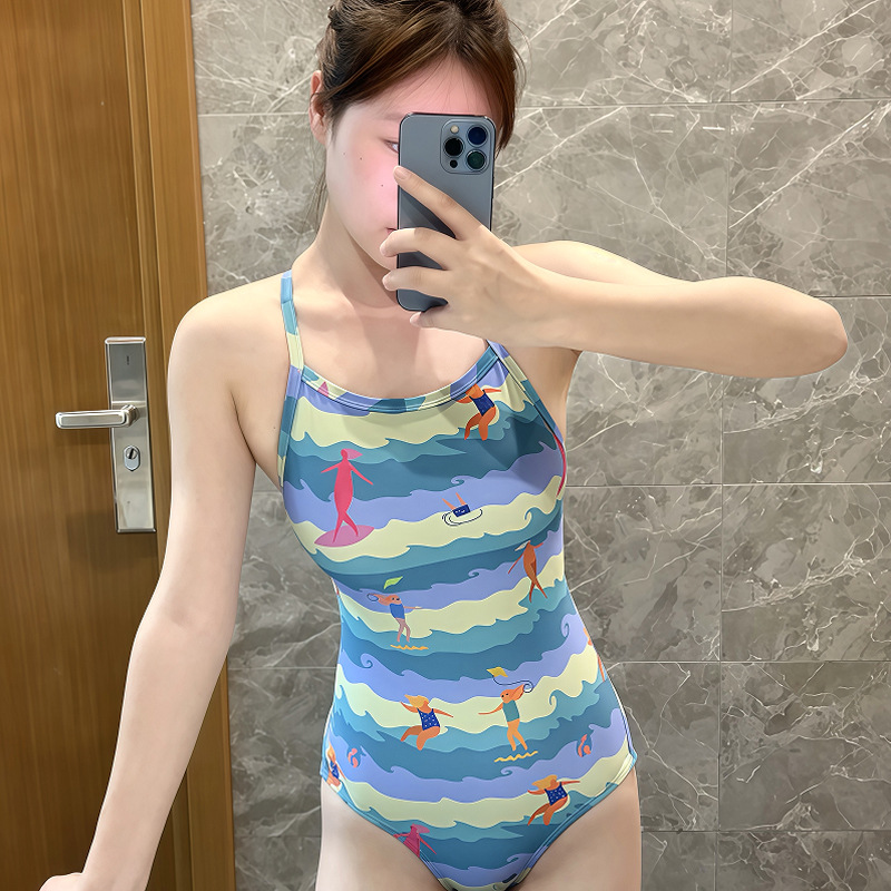 New Korean-style Double Chest One-piece Mid-fork Waist Competition Training Racing Triangle One-piece Swimsuit for Female Teenagers