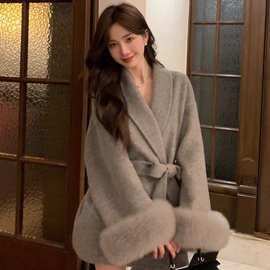 2025冬季新款浴袍款高级感羊绒毛呢大衣时尚显瘦狐狸毛皮草外套女