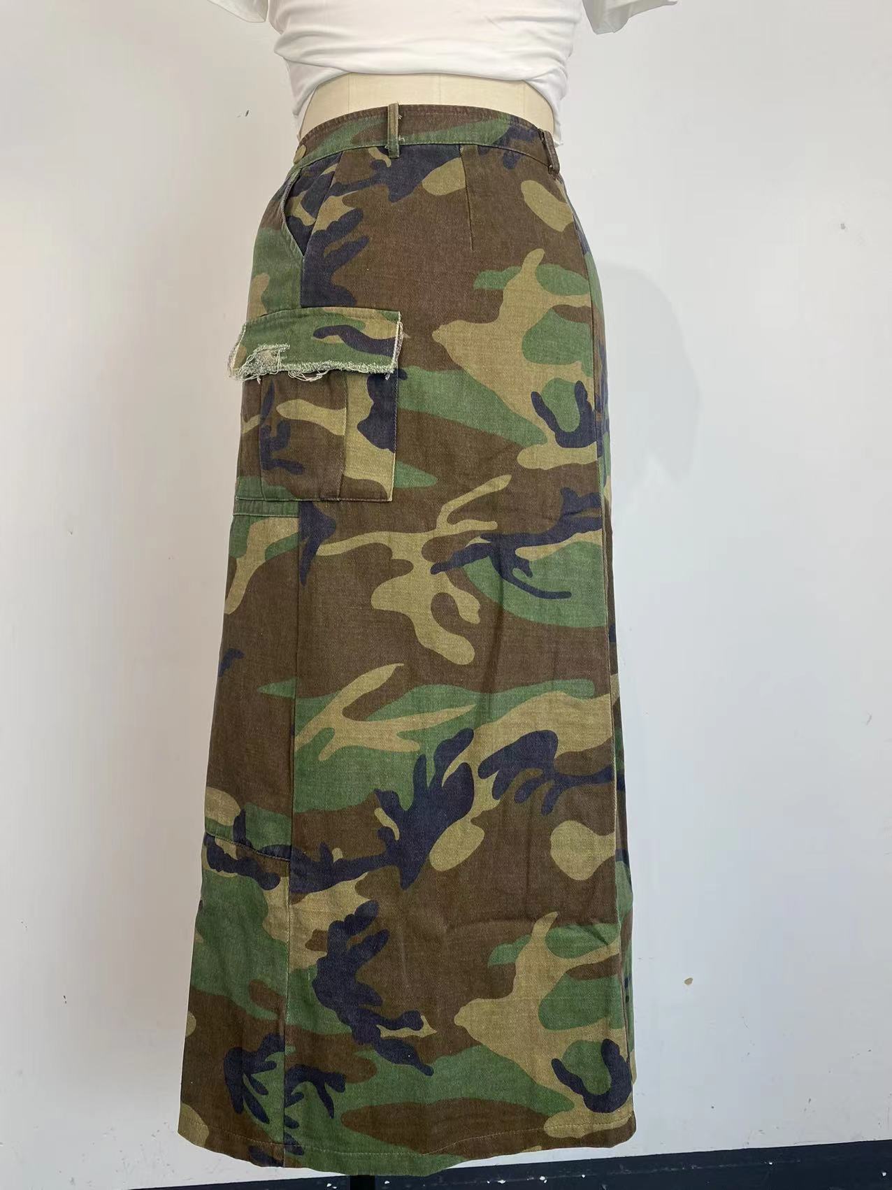 Wholesale Chic Washed Camo Half Skirt with Multiple Pockets and Open ...