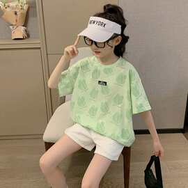 1128#女童短袖T恤夏装2024新款韩版儿童大童薄款时髦洋气上衣童装